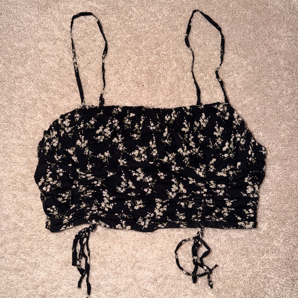 Urban Outfitters Black Floral Ruched Crop Top